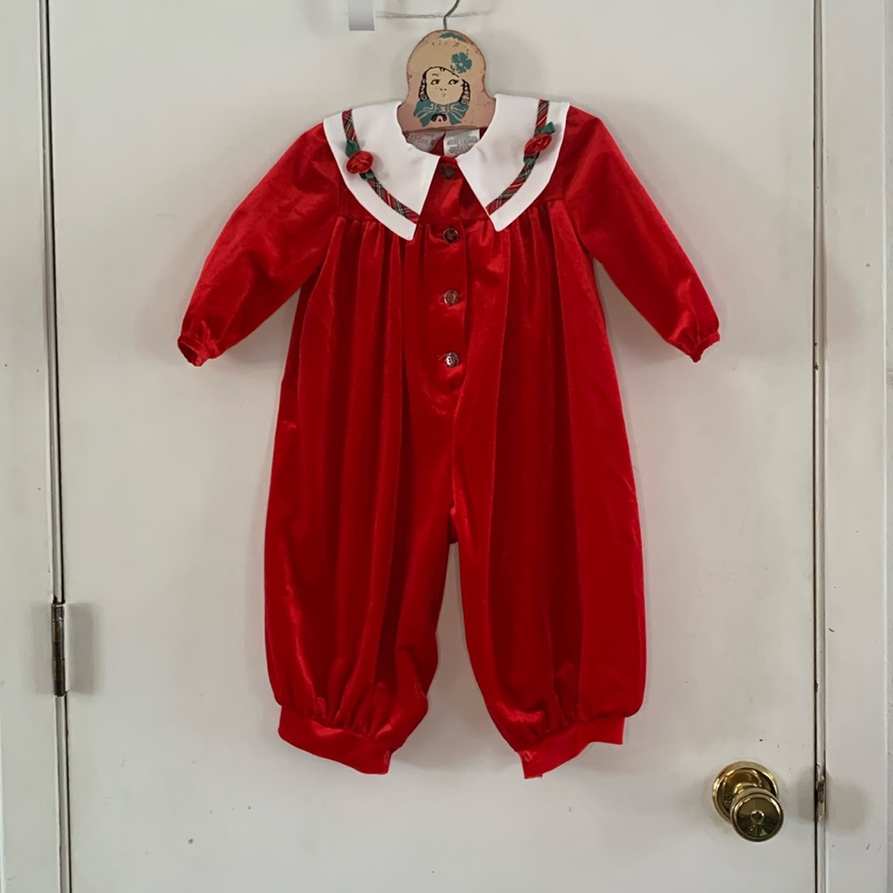 Vintage Allison Ann red velvet outfit with Peter Pan collar with tartan trim